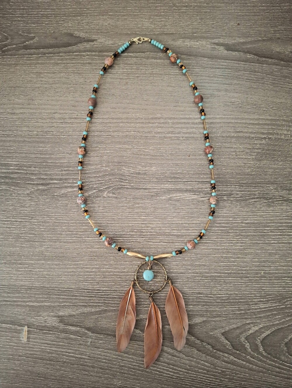 Native Dream Catcher Beaded Necklace With Feathers 20"